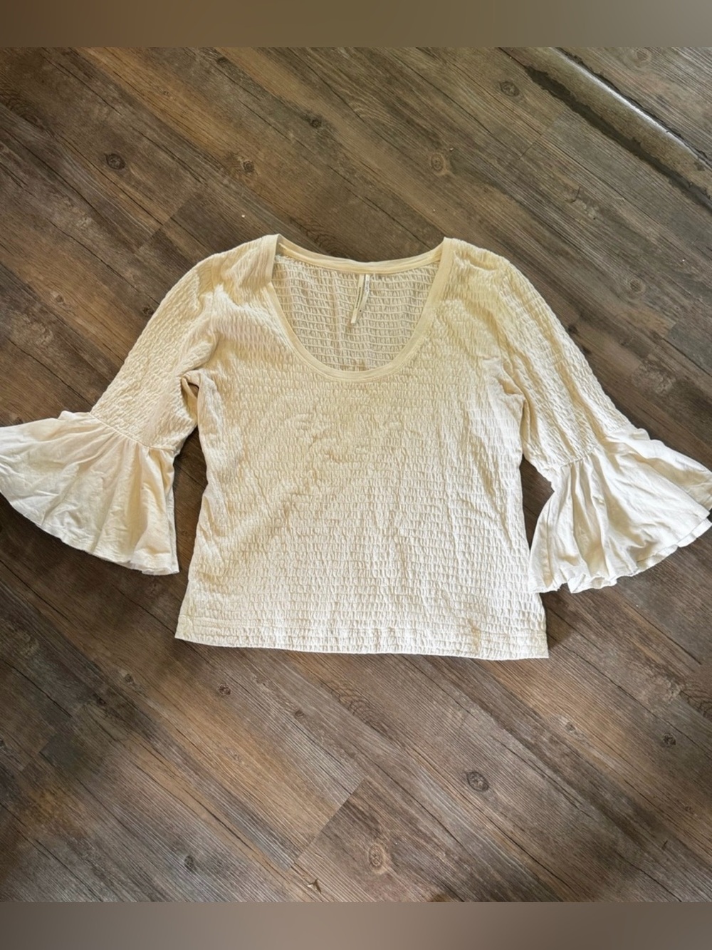 Anthropologie White Smocked Bell-Sleeve Top Size Small